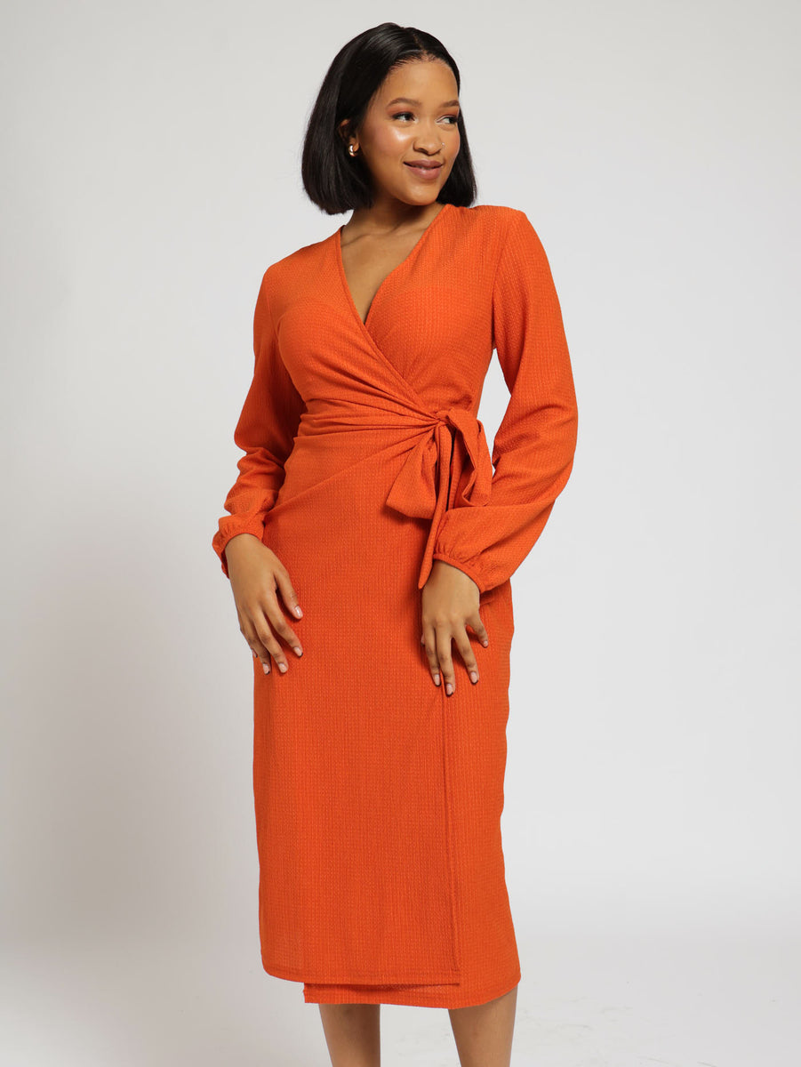 Long Sleeve Textured Knit Midi Wrap Dress Legit