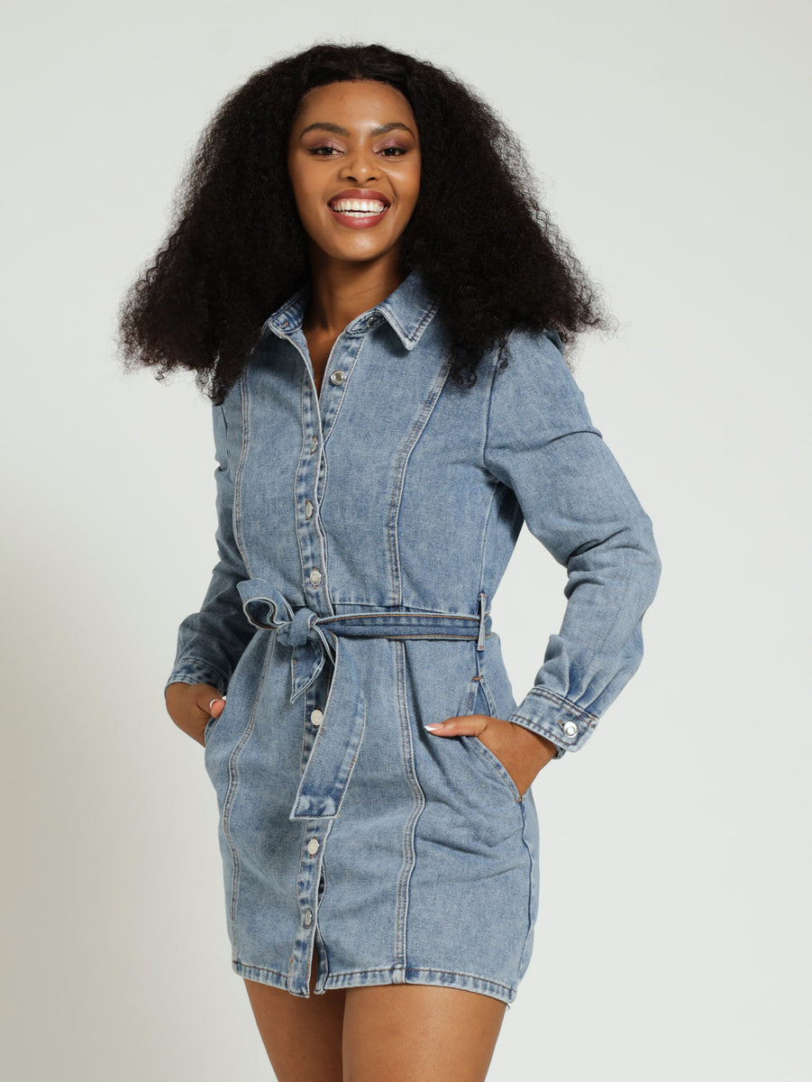 Long Sleeve Denim Shirt Dress Salty Mid Wash LEGiT