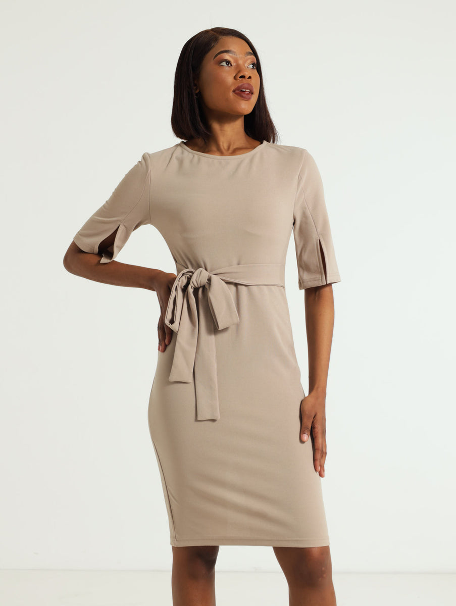 Split Sleeve Tie Waist Bodycon Dress Legit