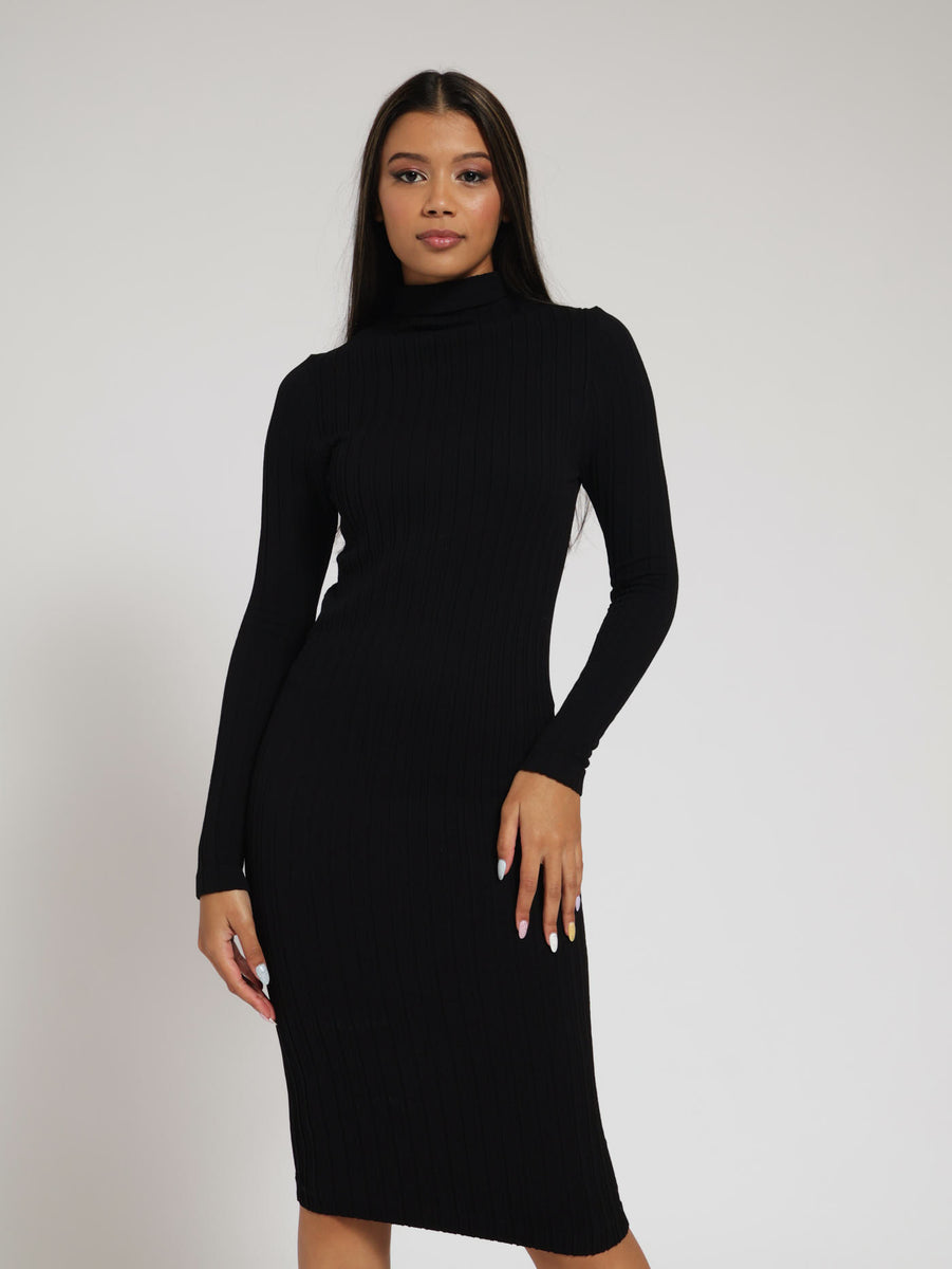 Long Sleeve Seamless Turtle Neck Midi Dress Black LEGiT