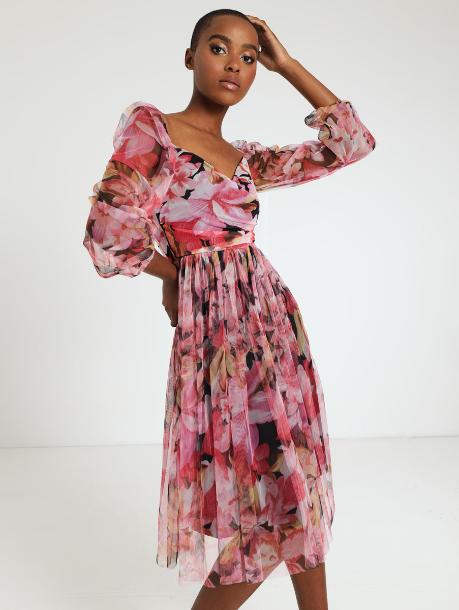 Long Sleeve Floral Ruched Mesh Prom Dress – Legit