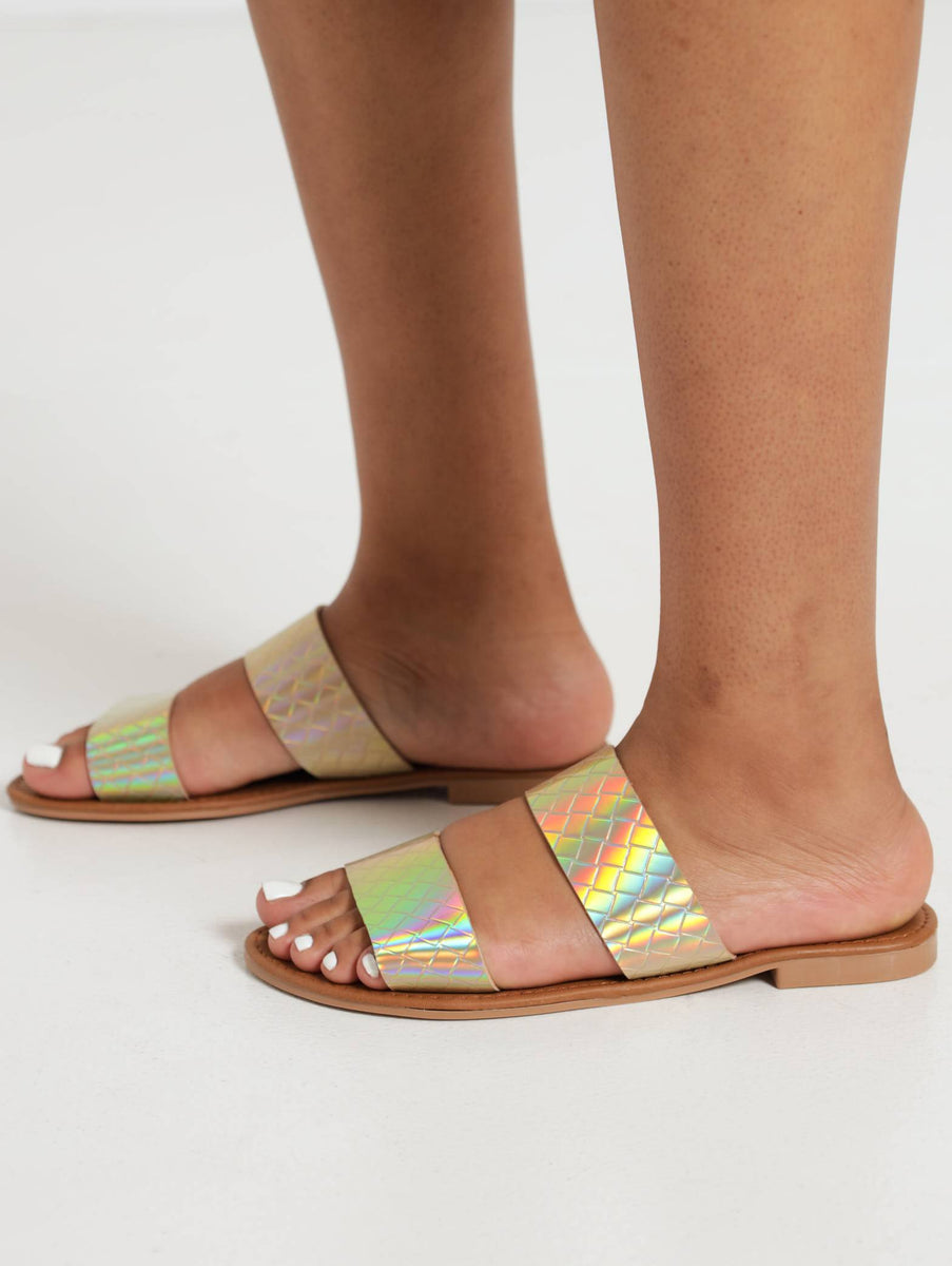 Flat Double Strap Metallic Push In Sandal LEGiT