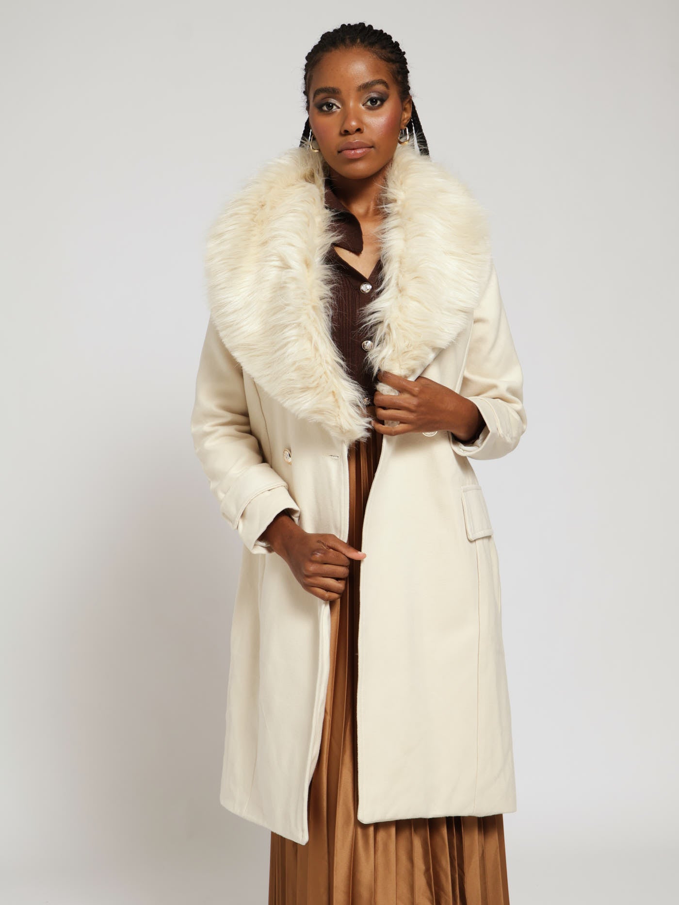 Fur Collar Double Breast Melton Jacket - Off White