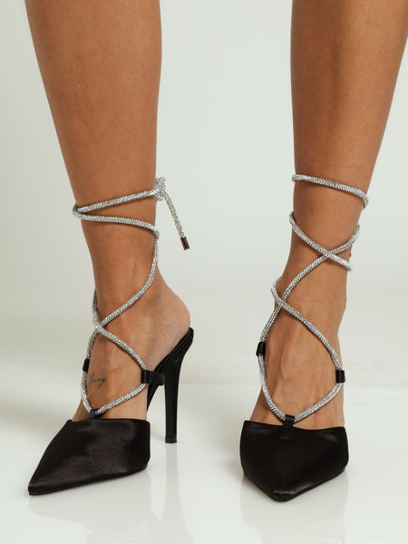 Hi Stiletto Pointy Court Heel With Diamante Tie Up Black LEGiT