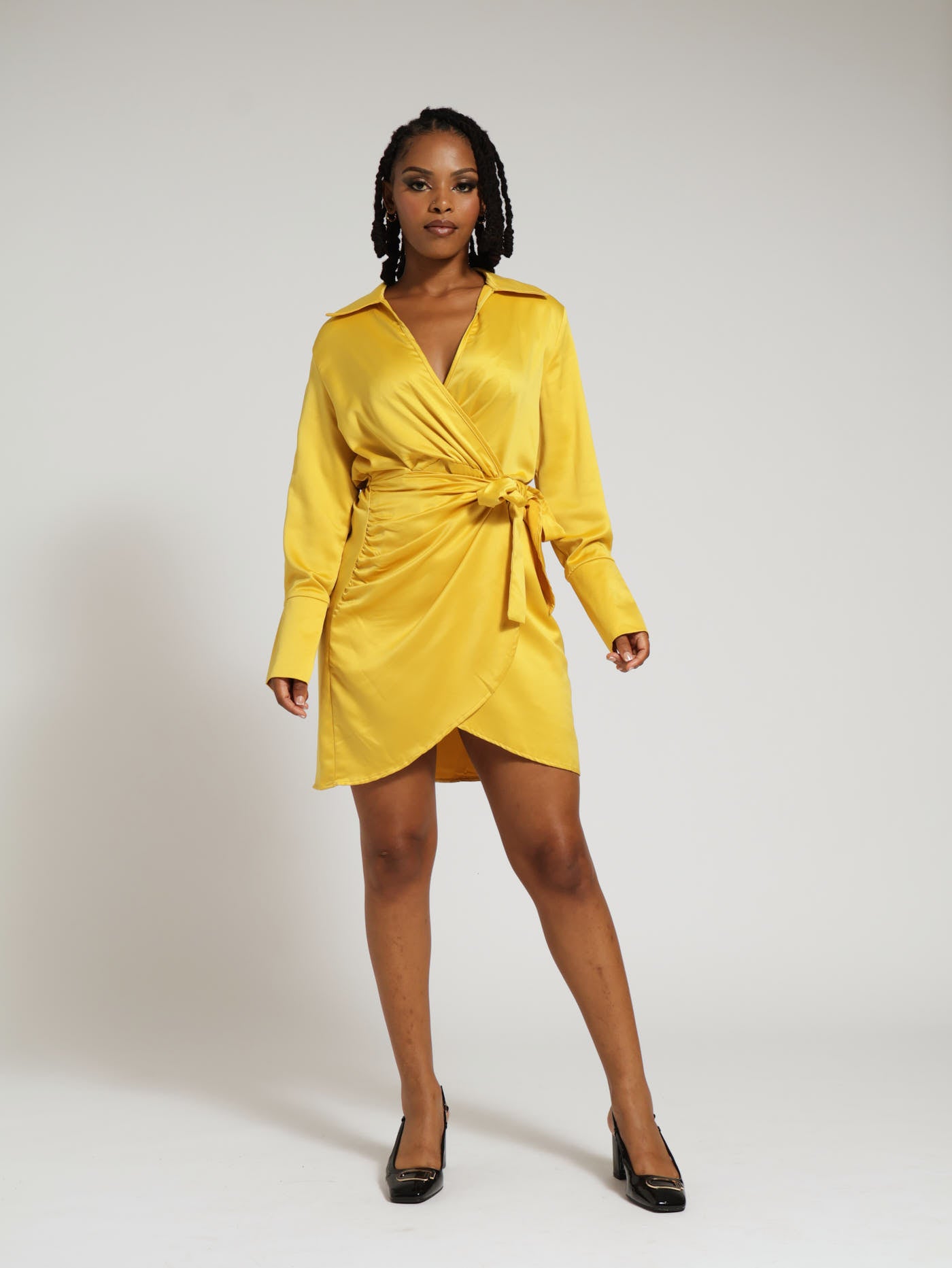 Mustard satin clearance wrap dress