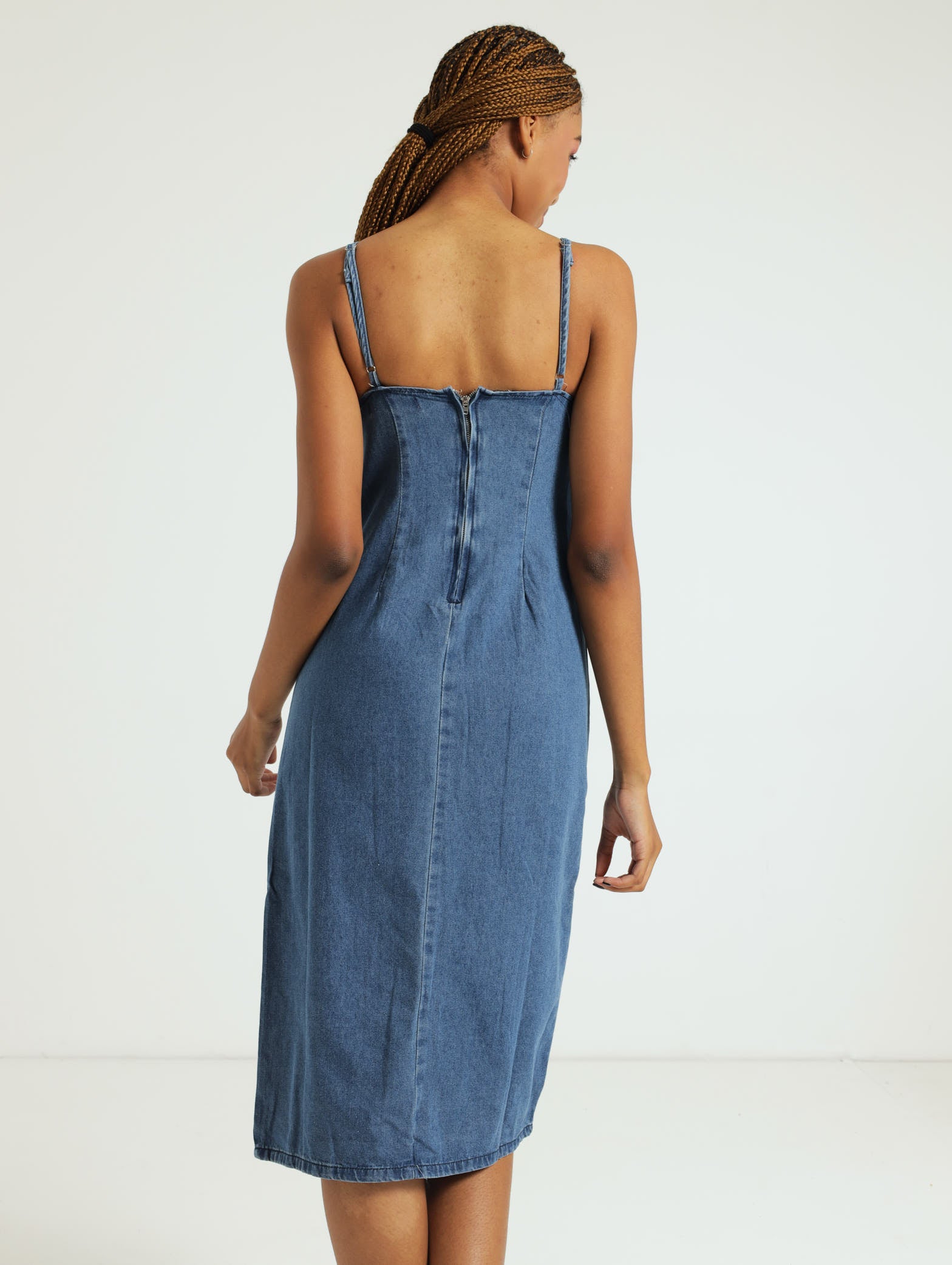 Chambray Strappy Tiered Button Midi Dress