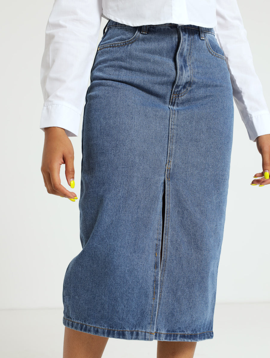 Front Slit Denim Midi Skirt – LEGiT