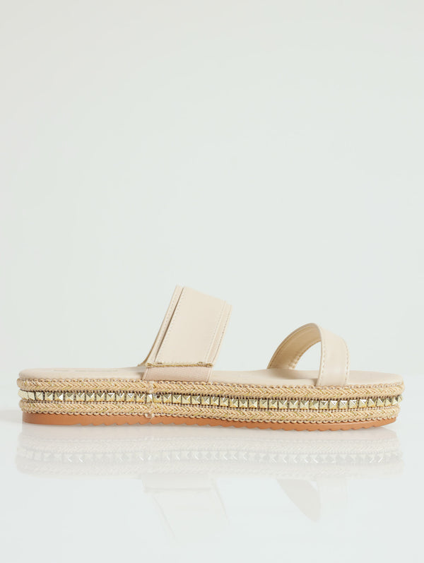 Flatform Studded Sandal With Two Straps & Buckle Detail - Taupe – LEGiT