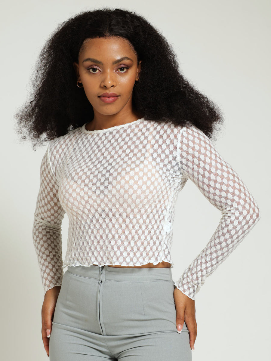 Long Sleeve Fancy Mesh Top - White – LEGiT