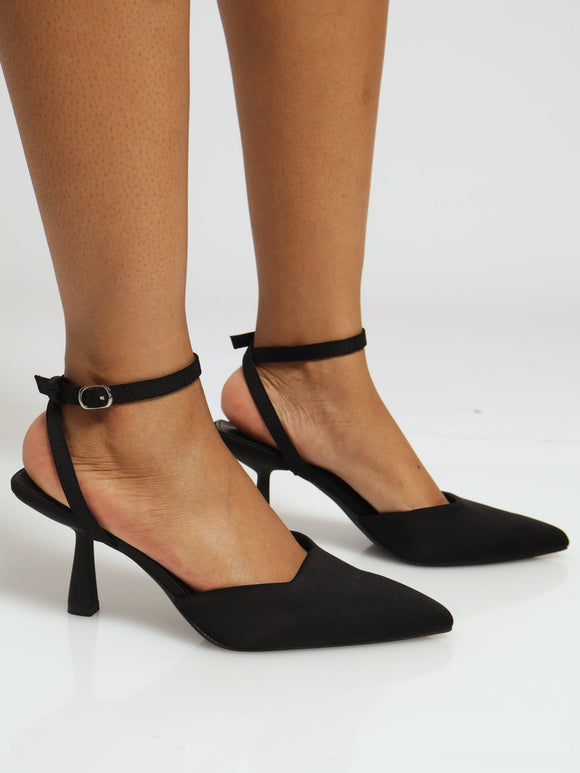 WMNS Pointed Toe Peg Heel Open Side Shoes - Velcro Ankle Strap