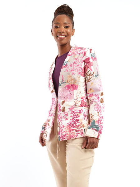 Long Sleeve Floral Printed Collarless Blazer Floral LEGiT