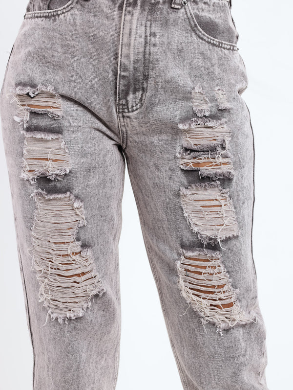 Marble Grey Heavily Abraised Denim Mom Jean – LEGiT