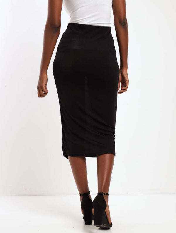 Side Ruched Slit Slinky Midi Skirt - Black – LEGiT